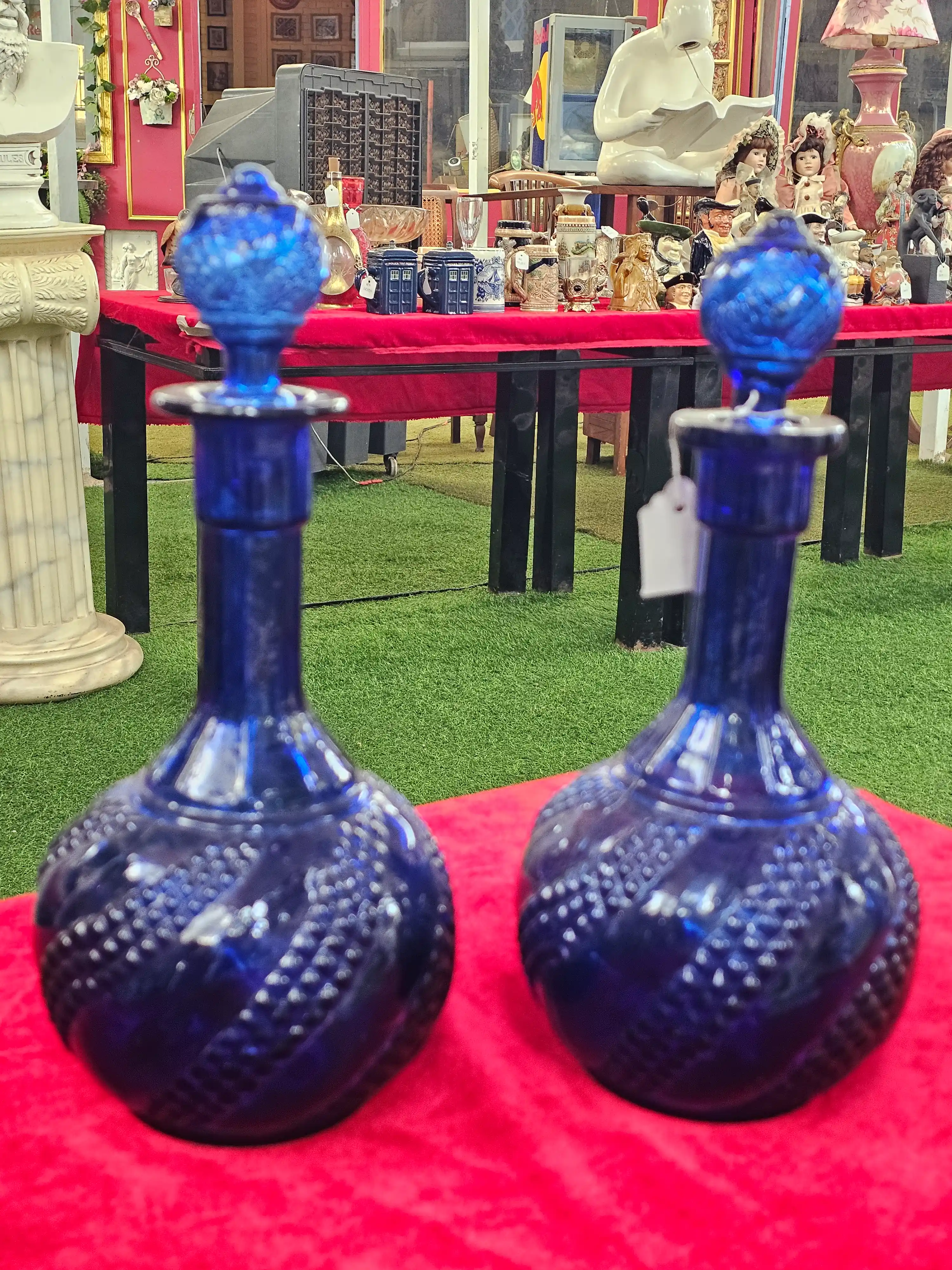 Cobalt Blue Hobnail Decanters, Pair