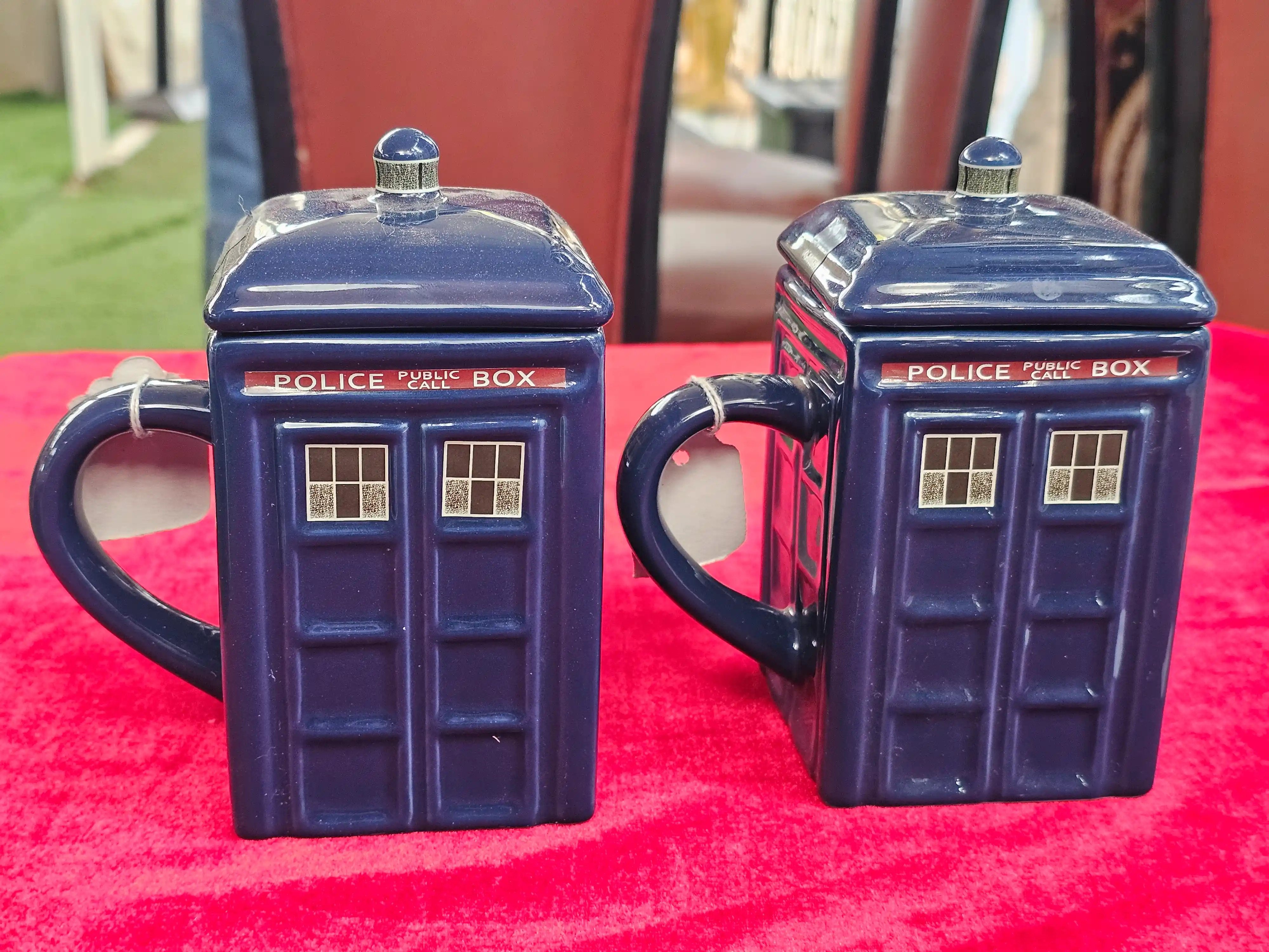Police Box Lidded Mugs, Pair