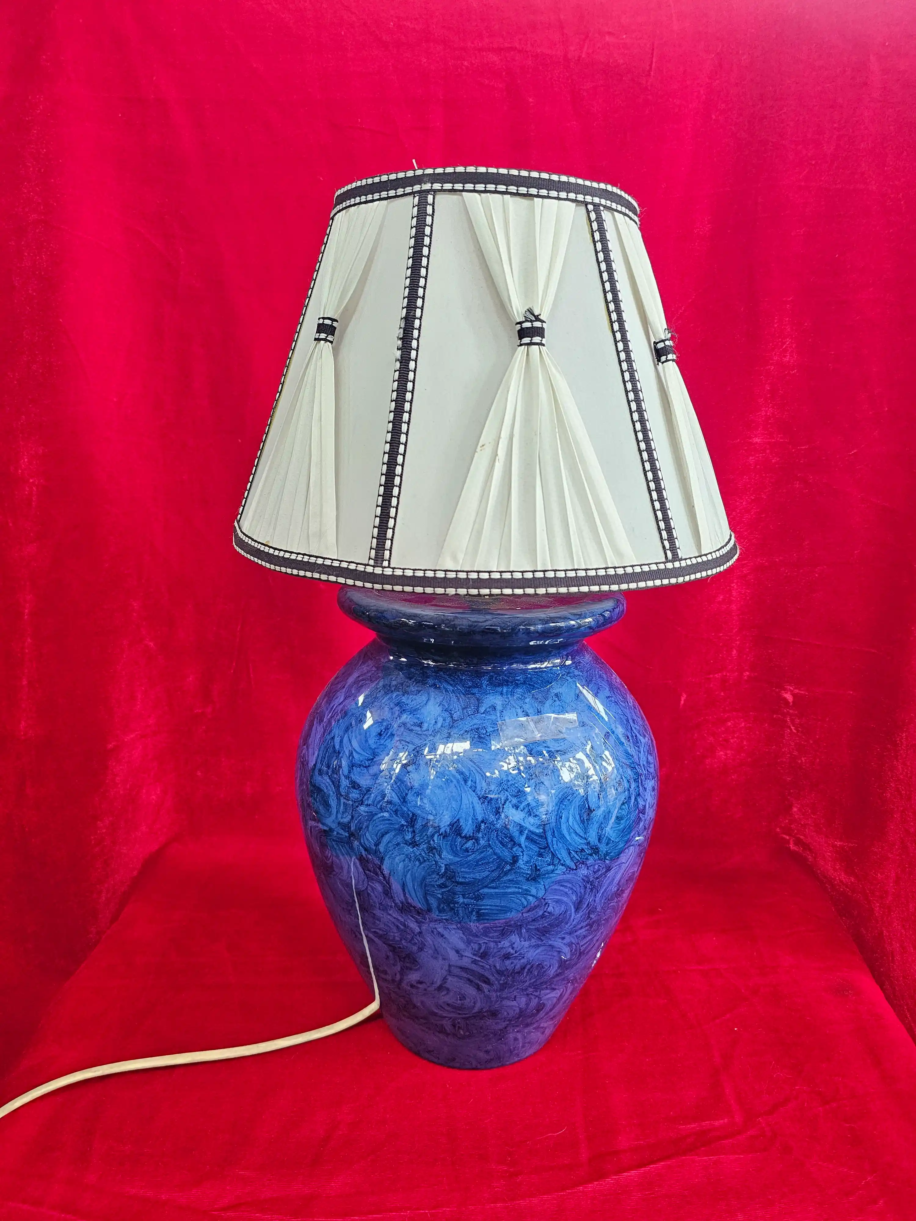 Marbled Cobalt Blue Ceramic Table Lamp with Pleated Shade