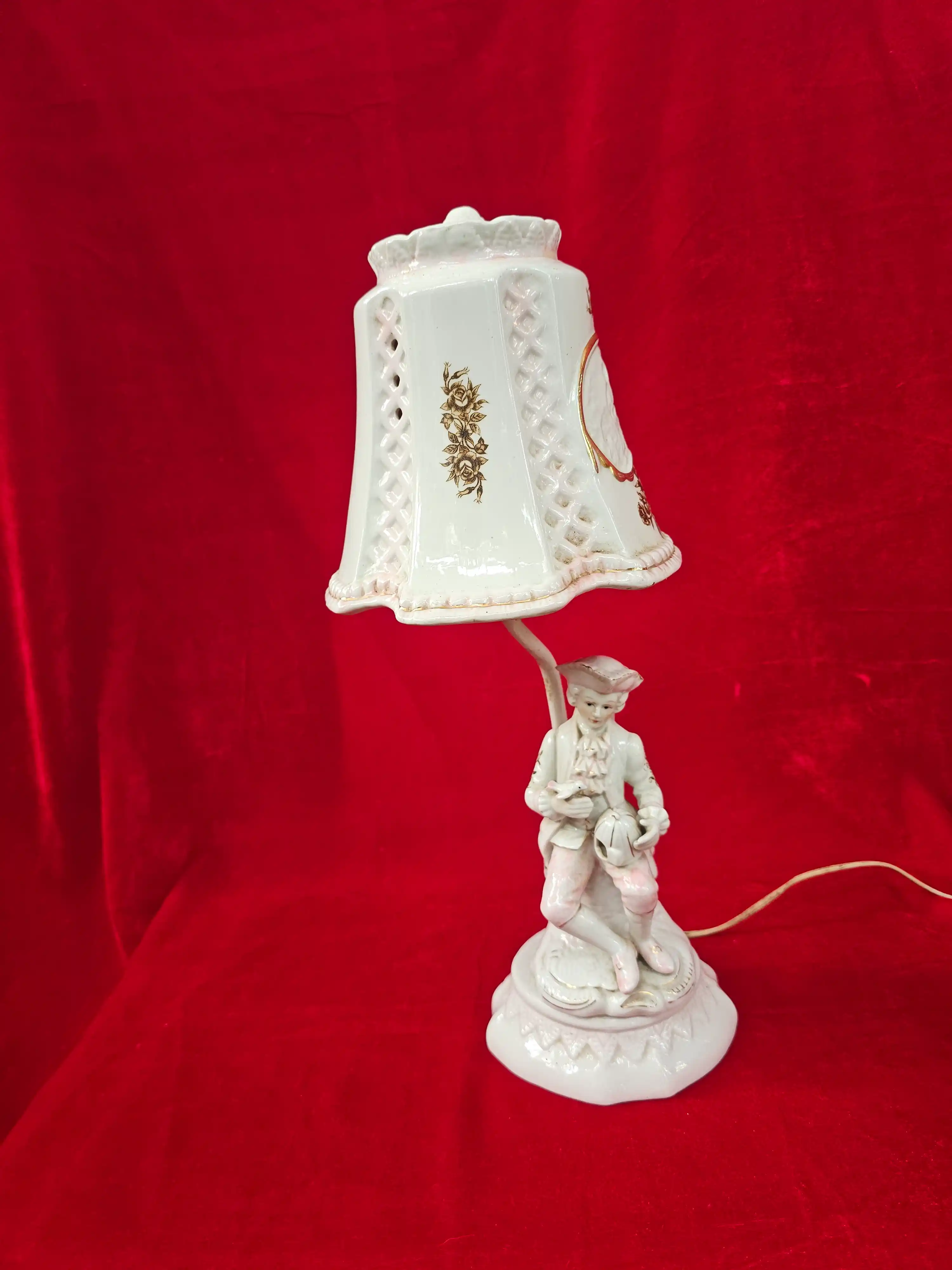 Vintage-Style Porcelain Figural Table Lamp with Reticulated Shade