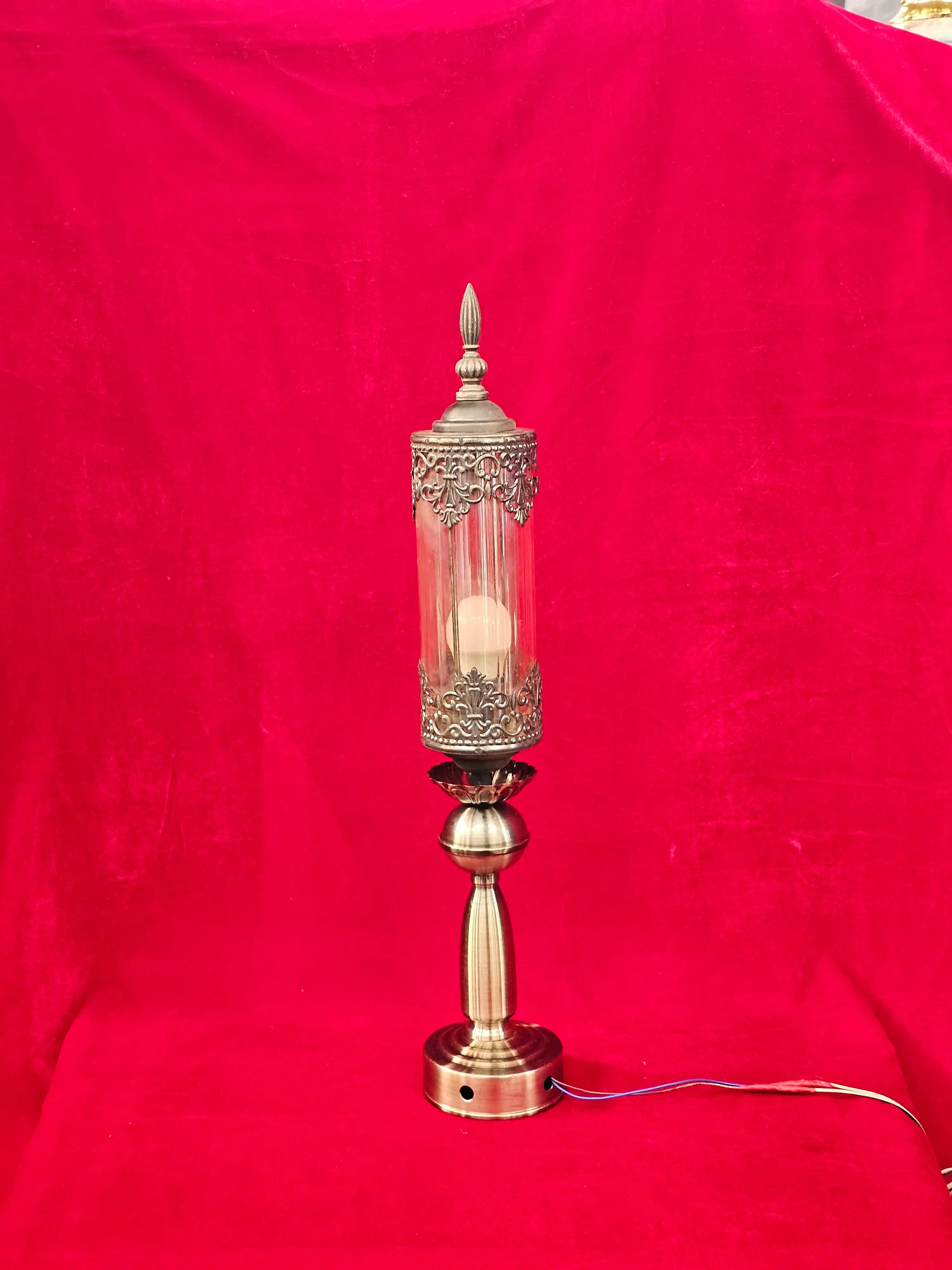 Vintage-Style Brass-Tone Hurricane Table Lamp with Filigree Details