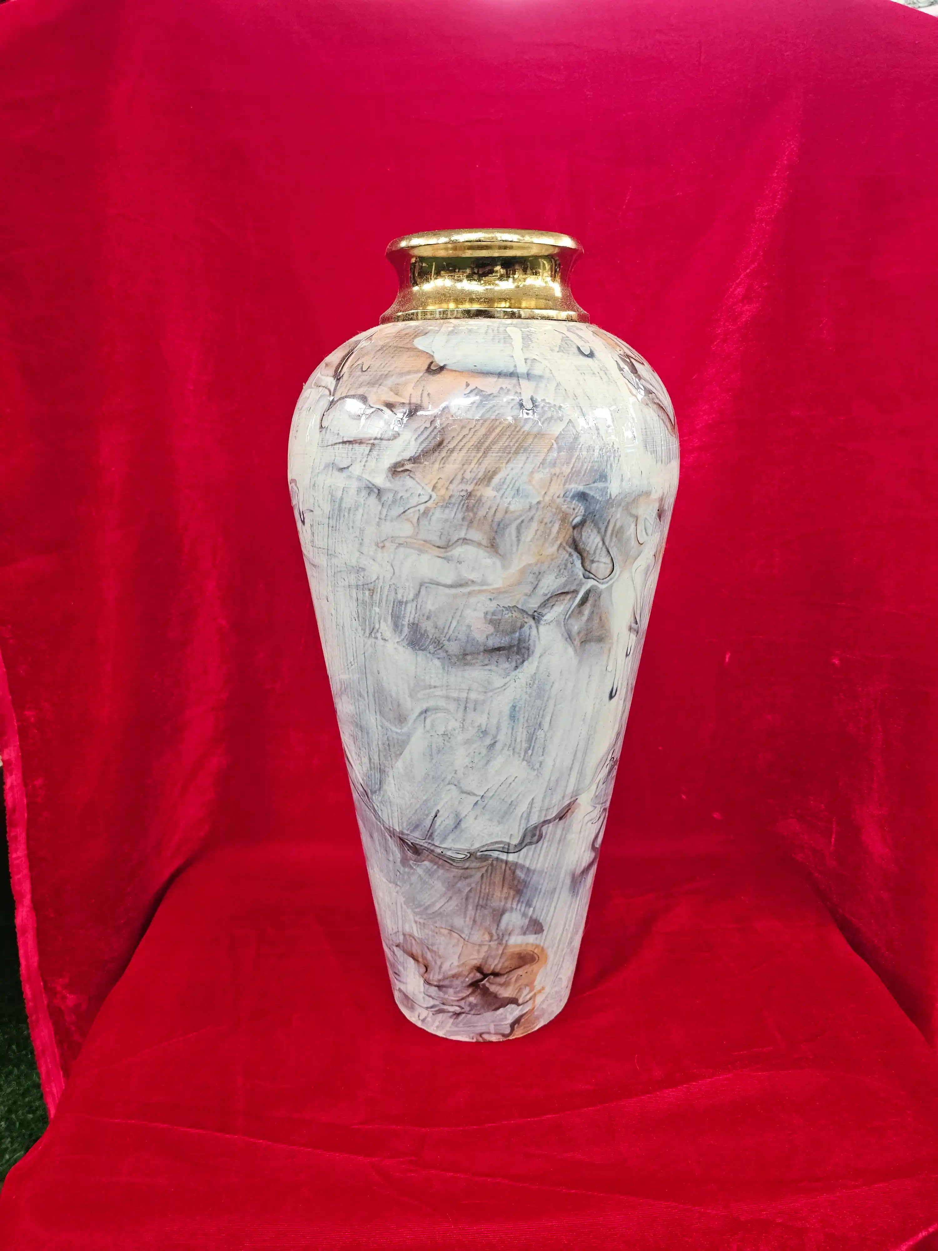 Tall Marbled Decorative Floor Vase with Gilded Collar