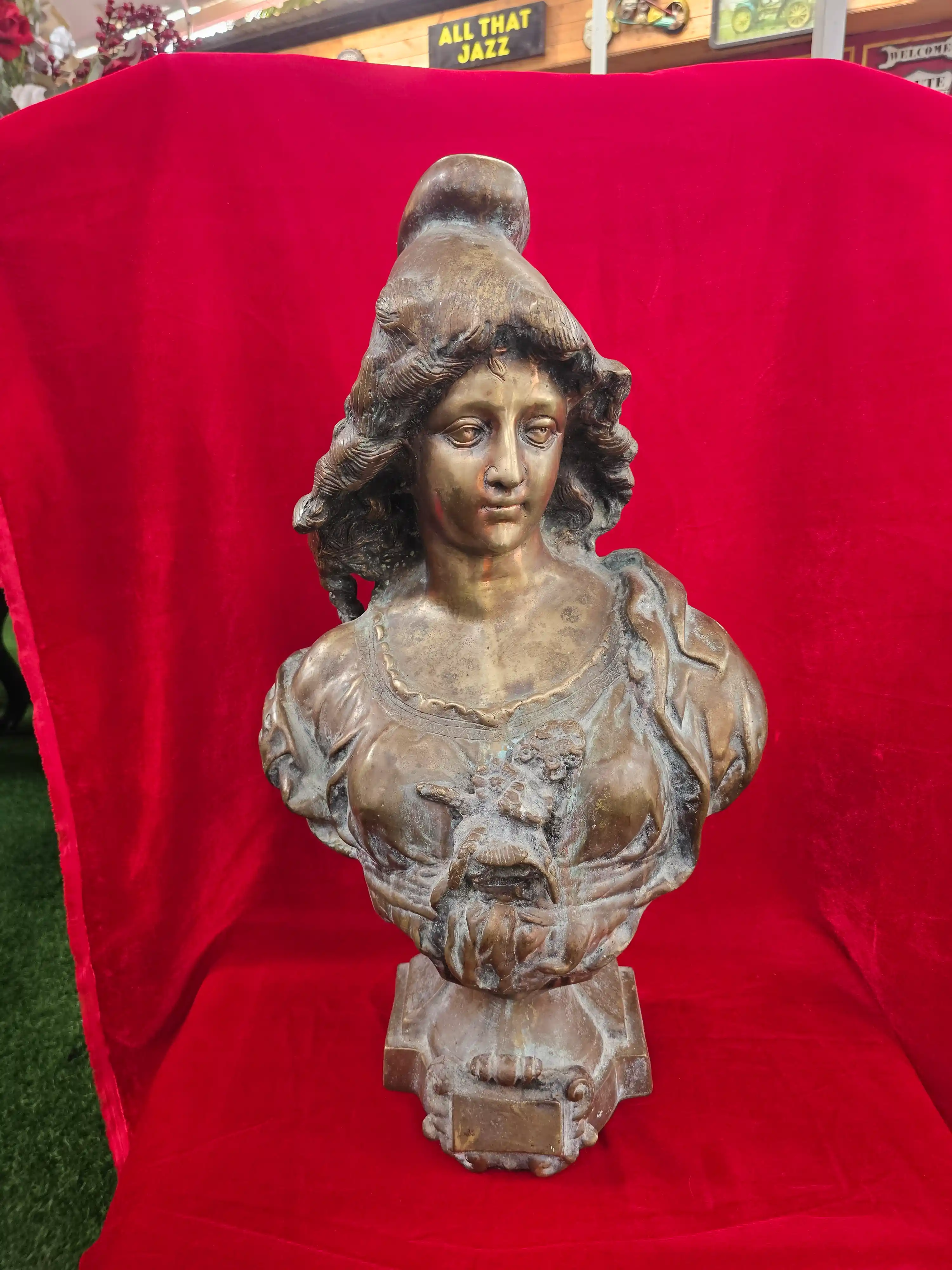 Patinated Cast Metal Bust of a Classical Maiden