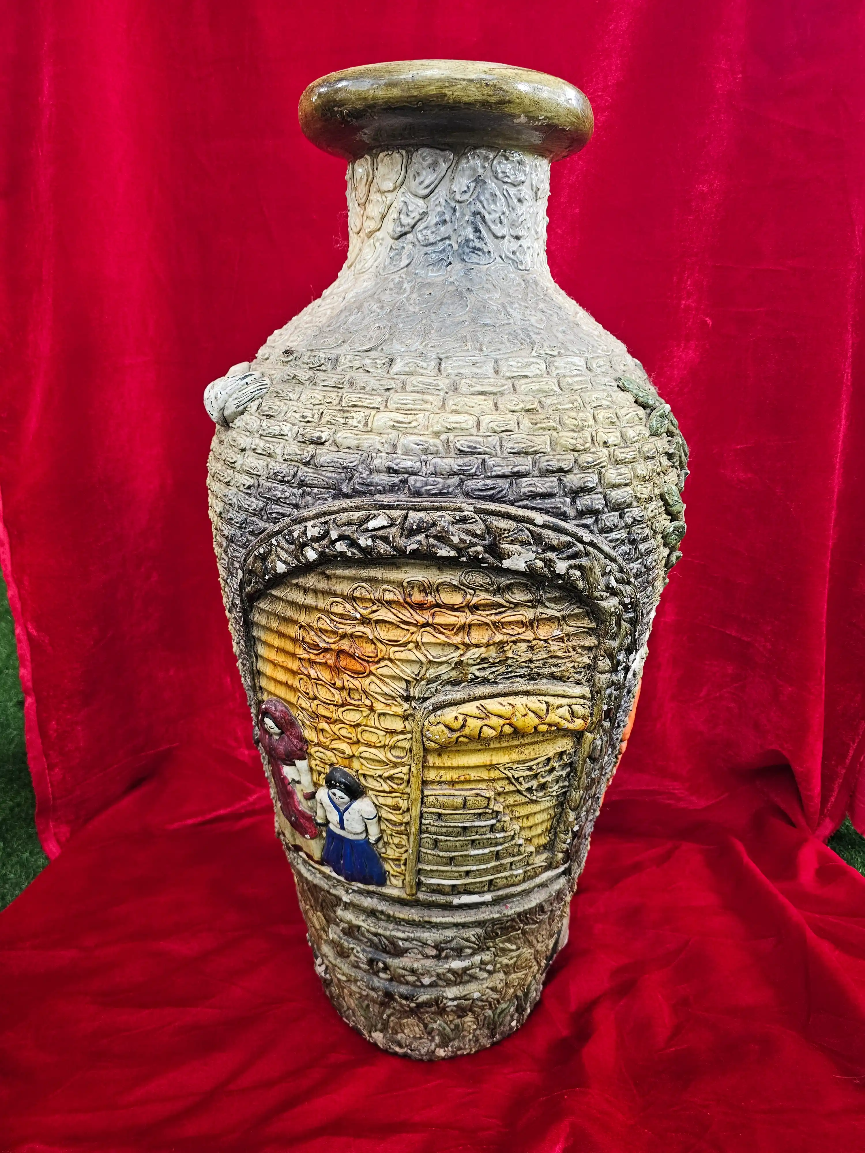 Relief-Carved Village Scene Ceramic Baluster Vase