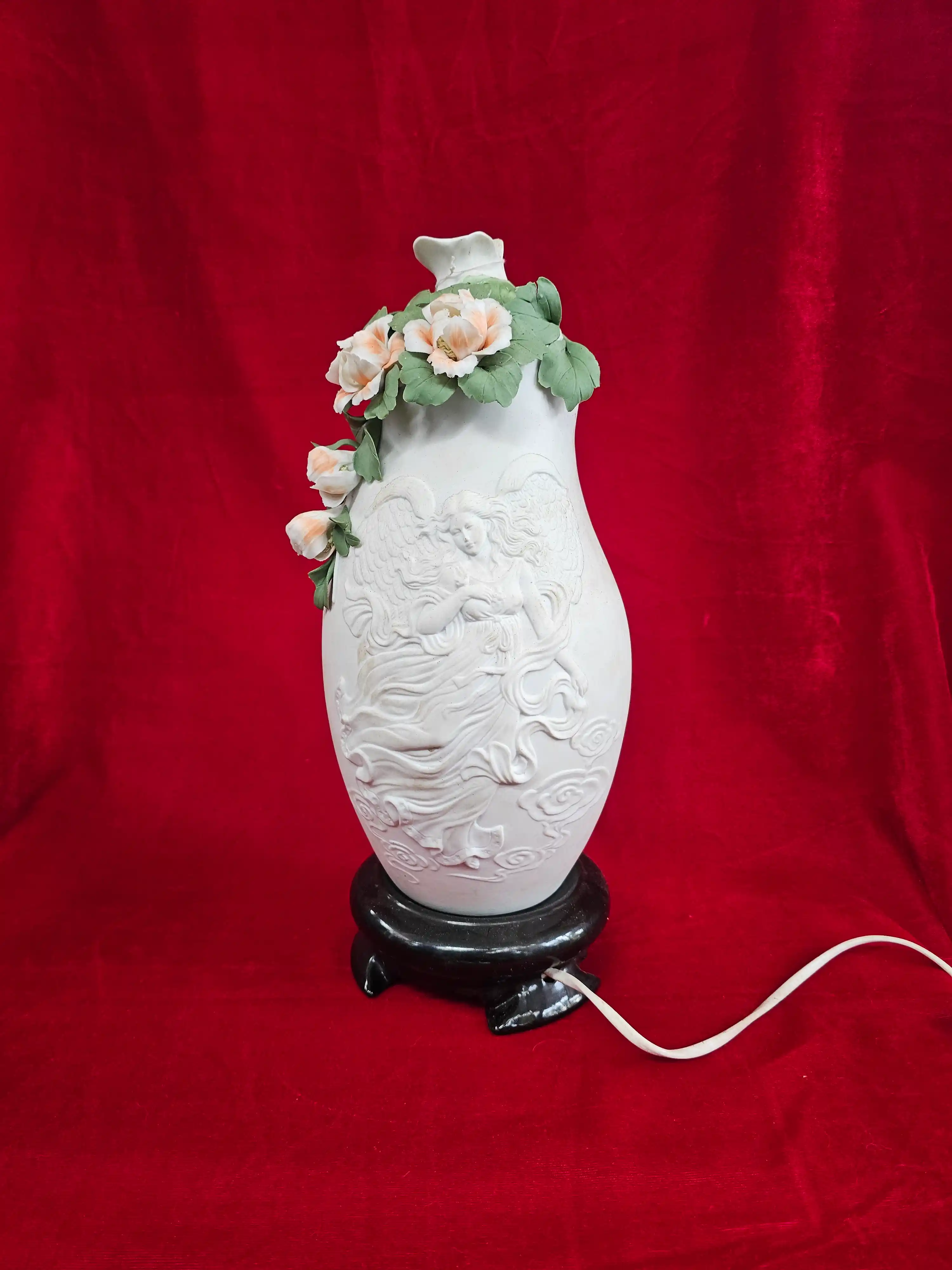 Neoclassical Style Bisque Porcelain Relief Lamp Base with Applied Roses