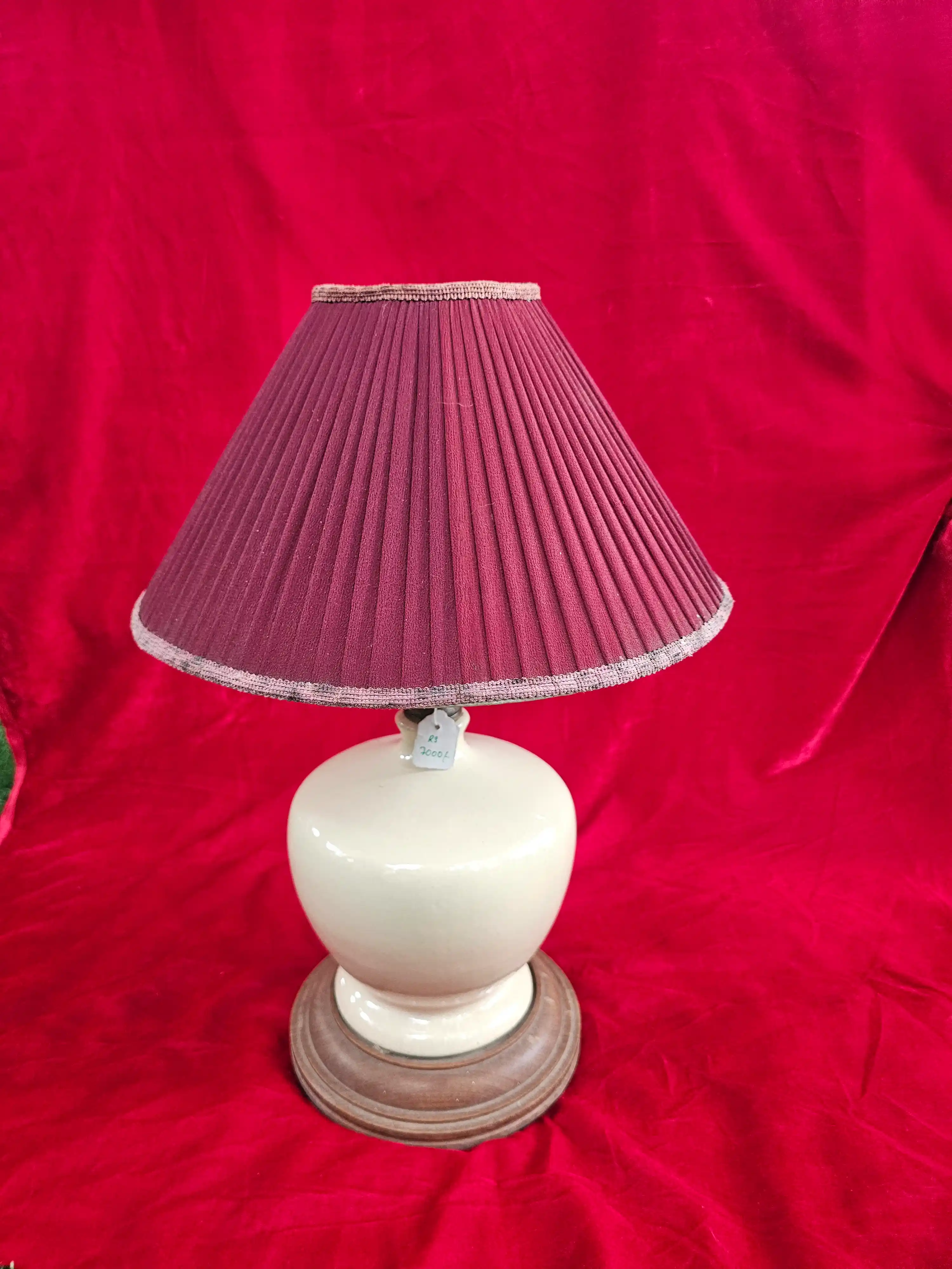 Glazed Ceramic Table Lamp with Pleated Burgundy Shade