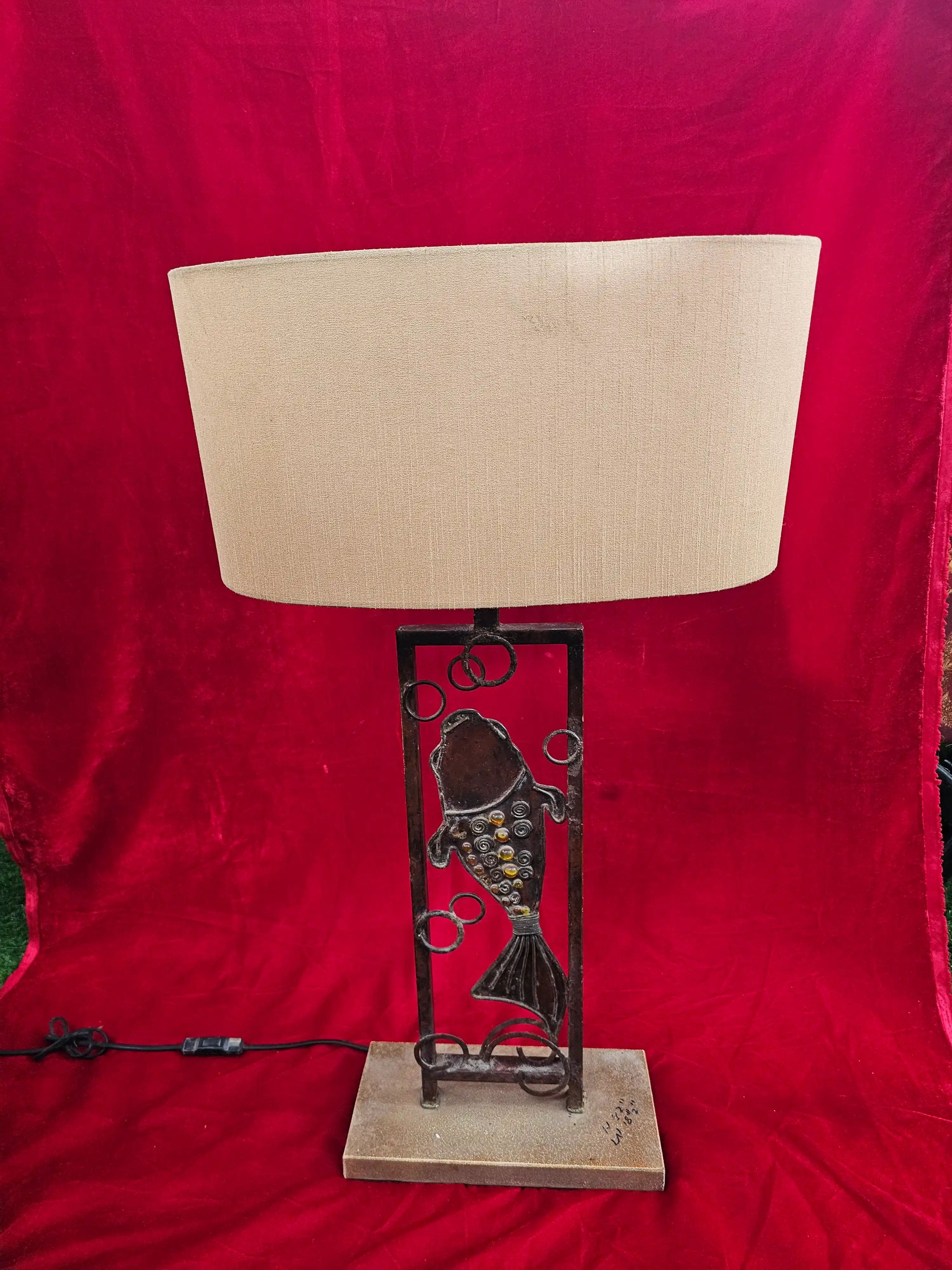 Wrought Metal Fish Motif Table Lamp with Linen Shade