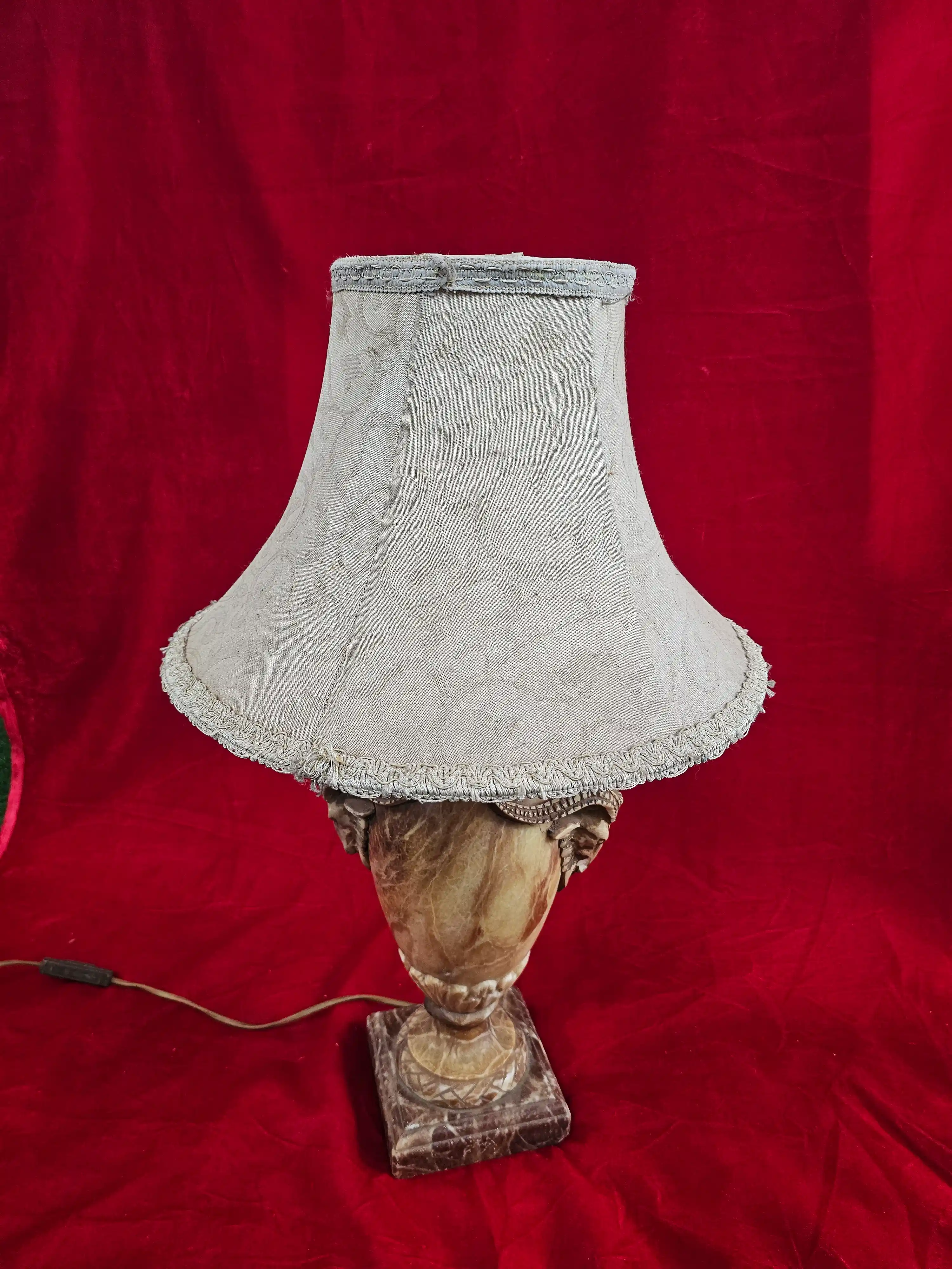 Carved Veined Stone Urn Table Lamp with Fabric Shade