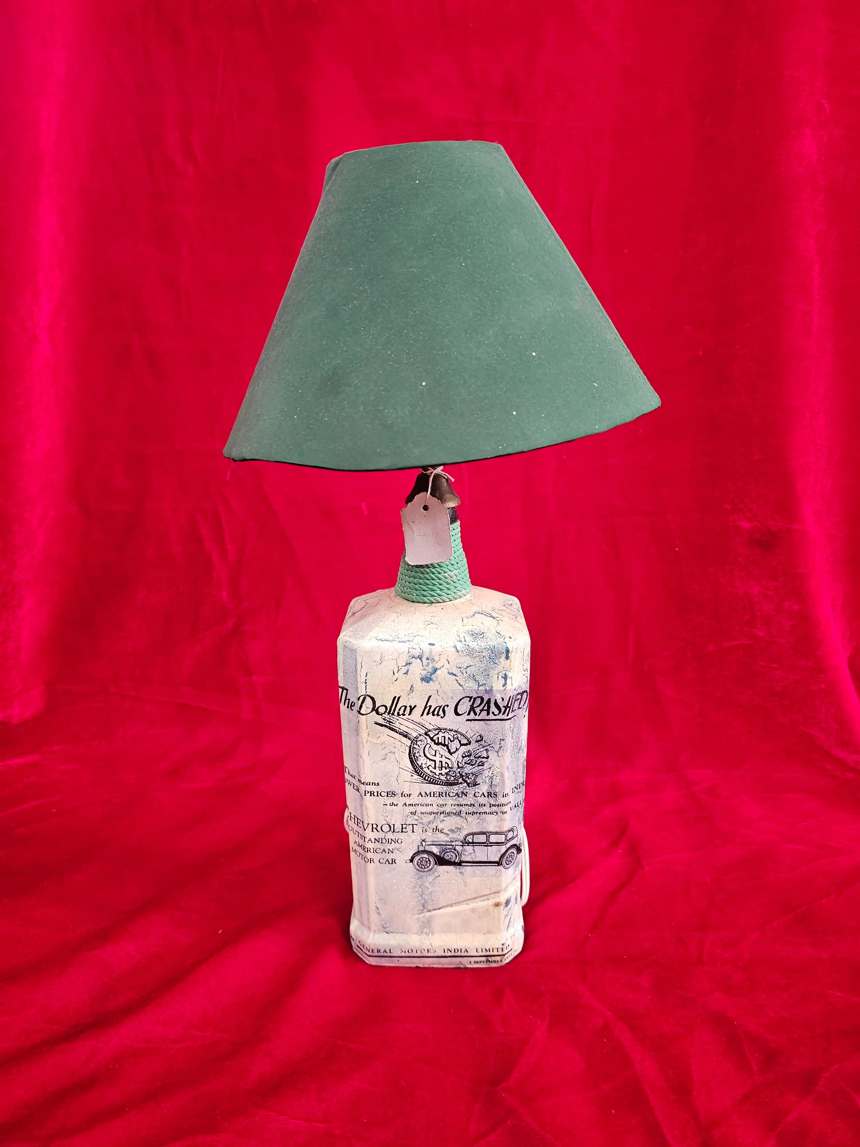Vintage-Style Decoupaged Bottle Table Lamp with Green Shade