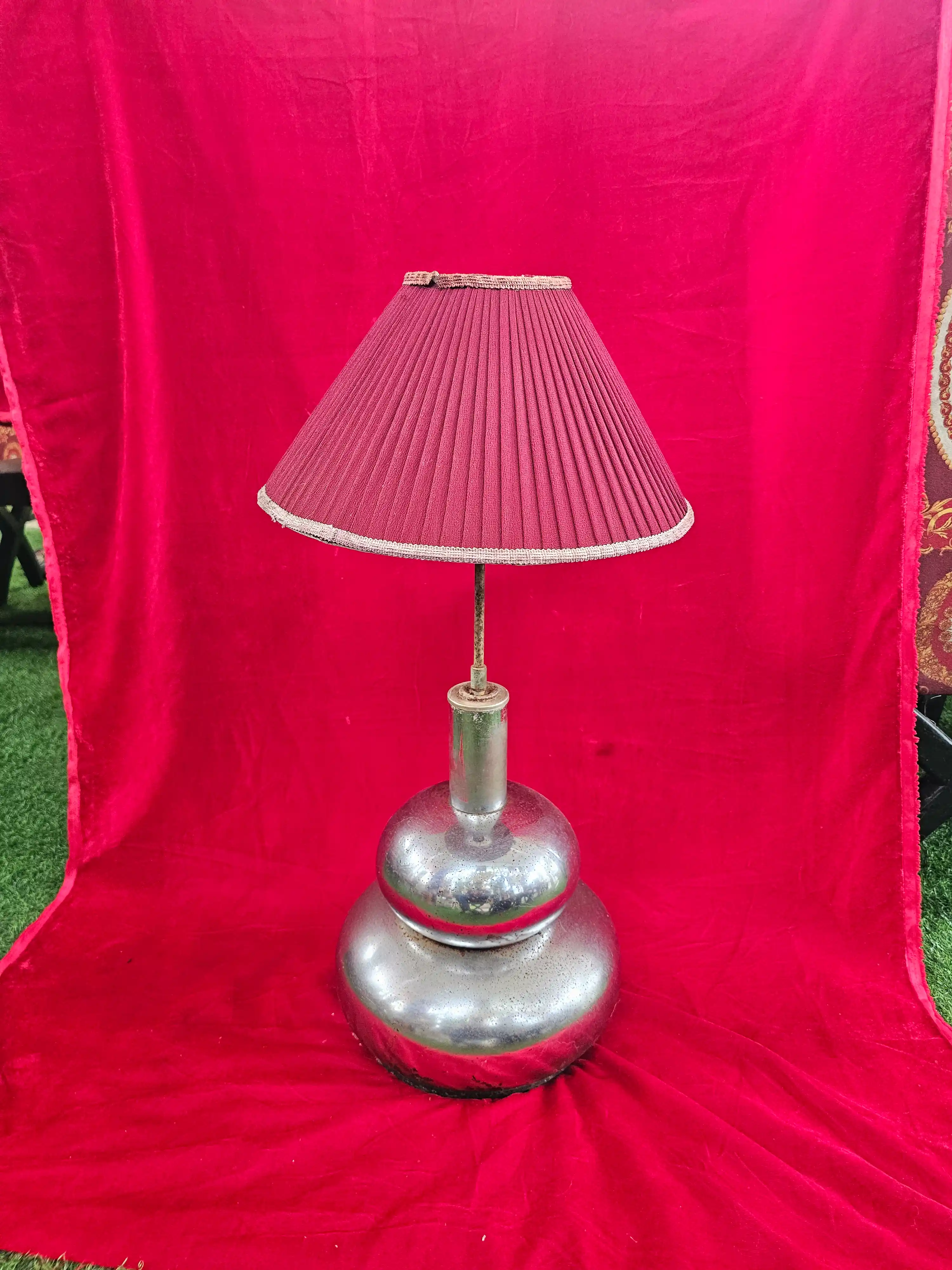 Silvered Double-Gourd Table Lamp with Pleated Maroon Shade