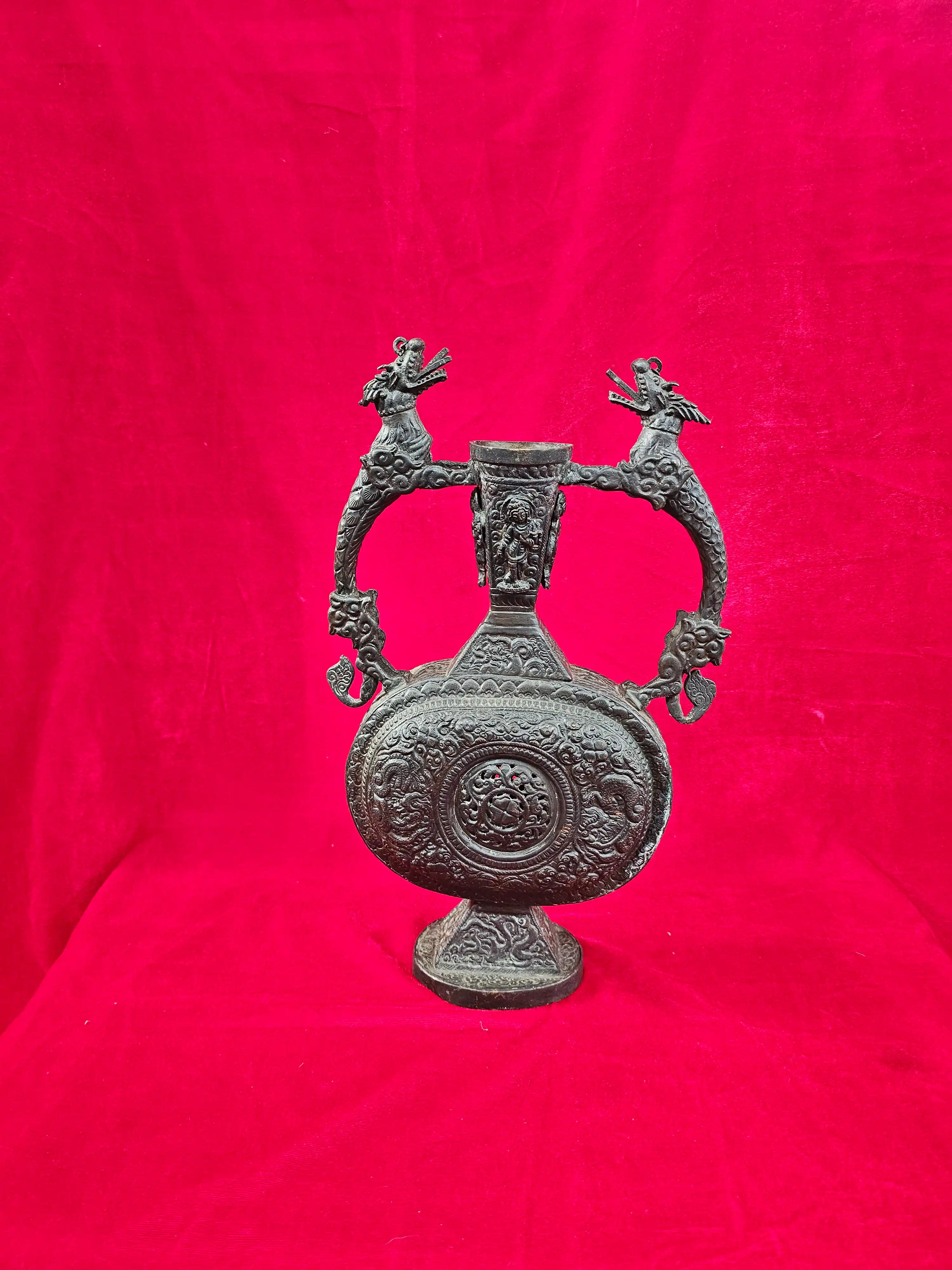 Ornate Cast Metal Moon Flask with Dragon Handles