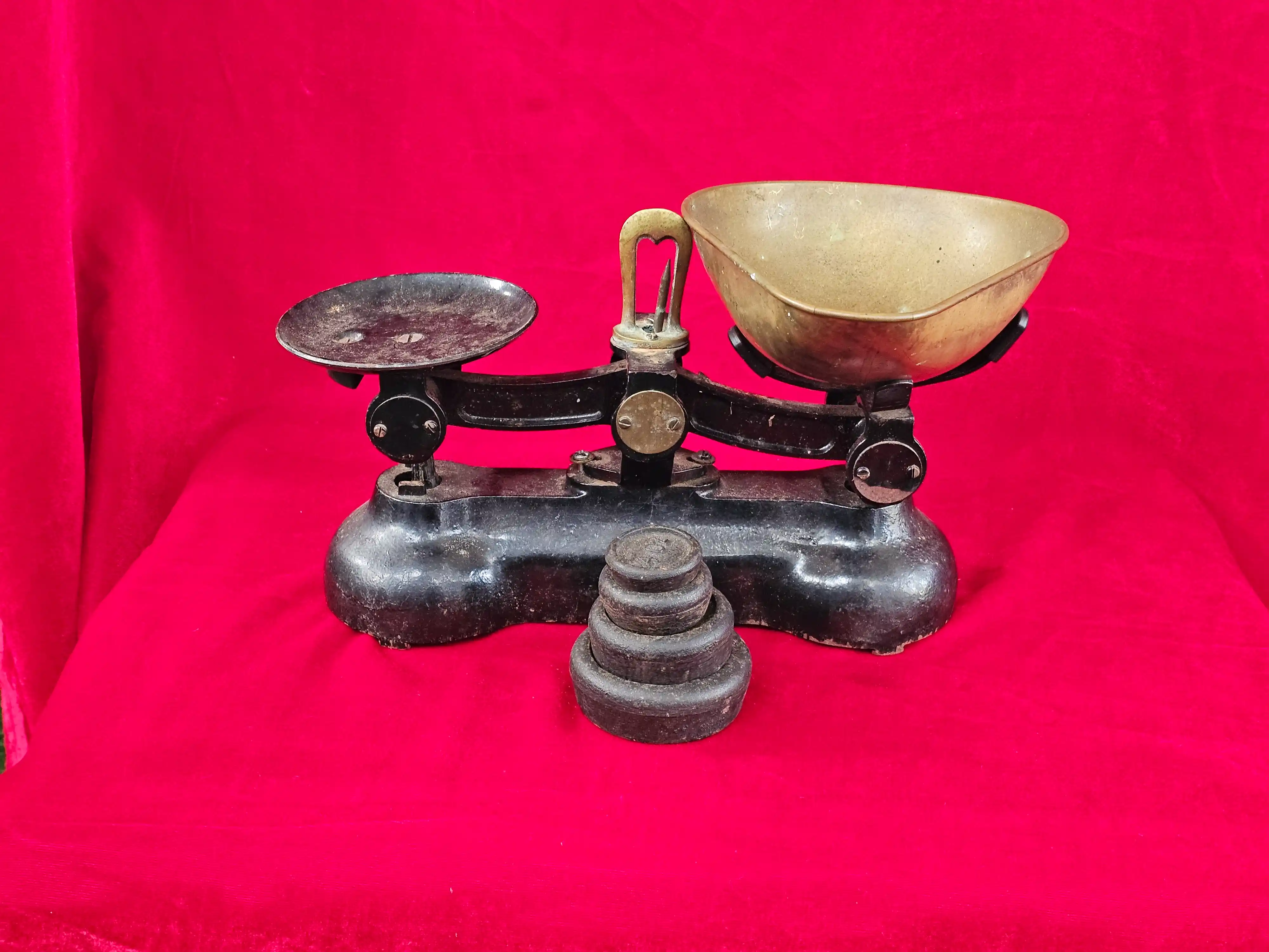 Vintage Cast Iron Balance Scale with Brass Scoop & Weights